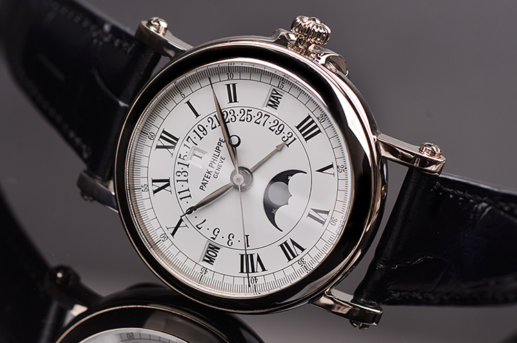 已售出【98新】百达翡丽白金将官底万年历月相自动折叠扣男表5059G-001