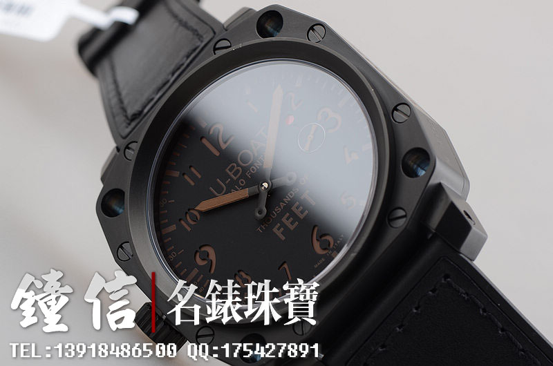 已售出【98新】U-BOAT优舶大型PVD黑钢左撇子手上链皮带潜水艇男表