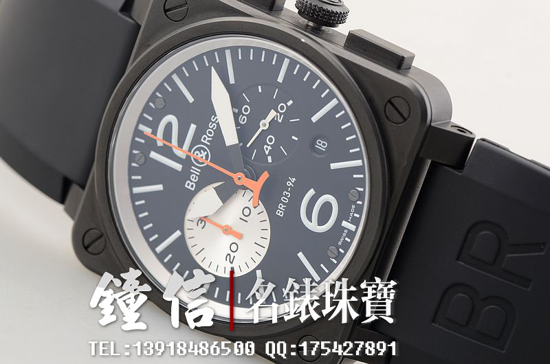 已售出【97新】柏莱士黑钢42MM自动机械计时胶带男表BR 03-94