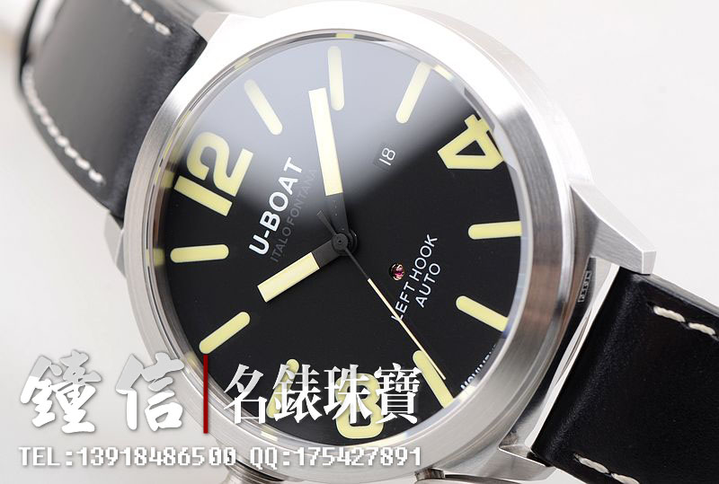 已售出【95新】优舶U-BOAT超大口径左撇子黑盘大三针日历自动机械皮带男表
