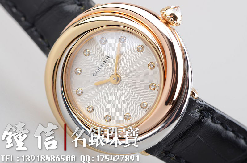 已售出【95新】卡地亚三色金钻石刻度小旋风石英皮带女表