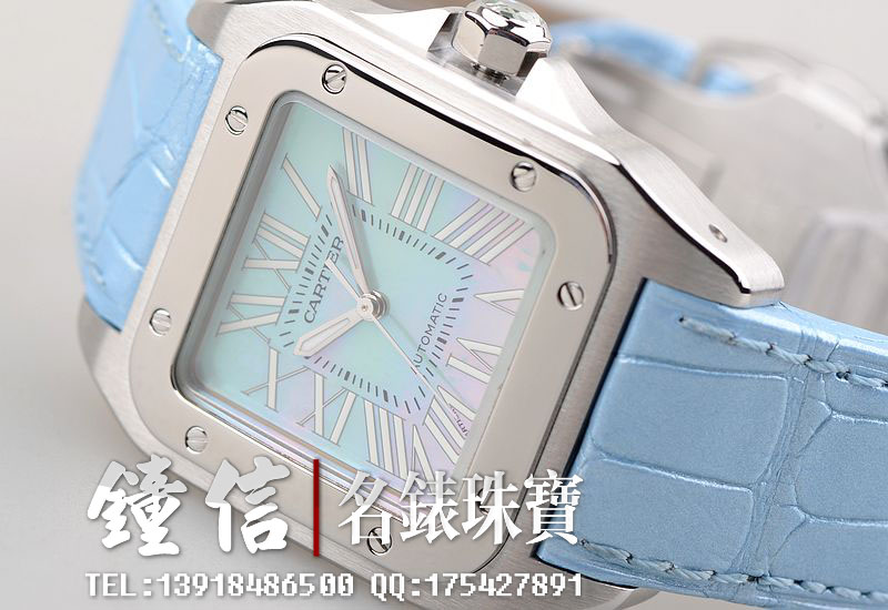 已售出【96新】卡地亚Santos 100蓝色贝母盘自动机械皮带女表W20132X8