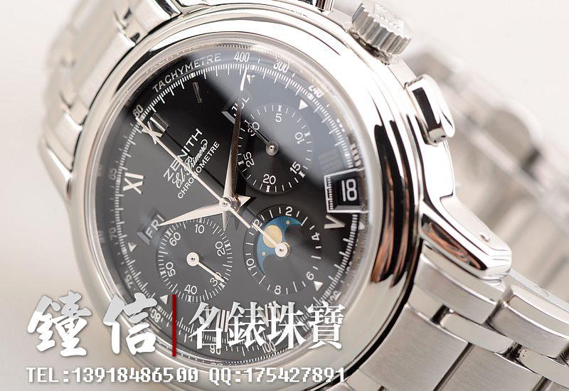 已售出【96新】真力时黑盘全历月相计时日历自动钢带男表02.0240.410.23M2