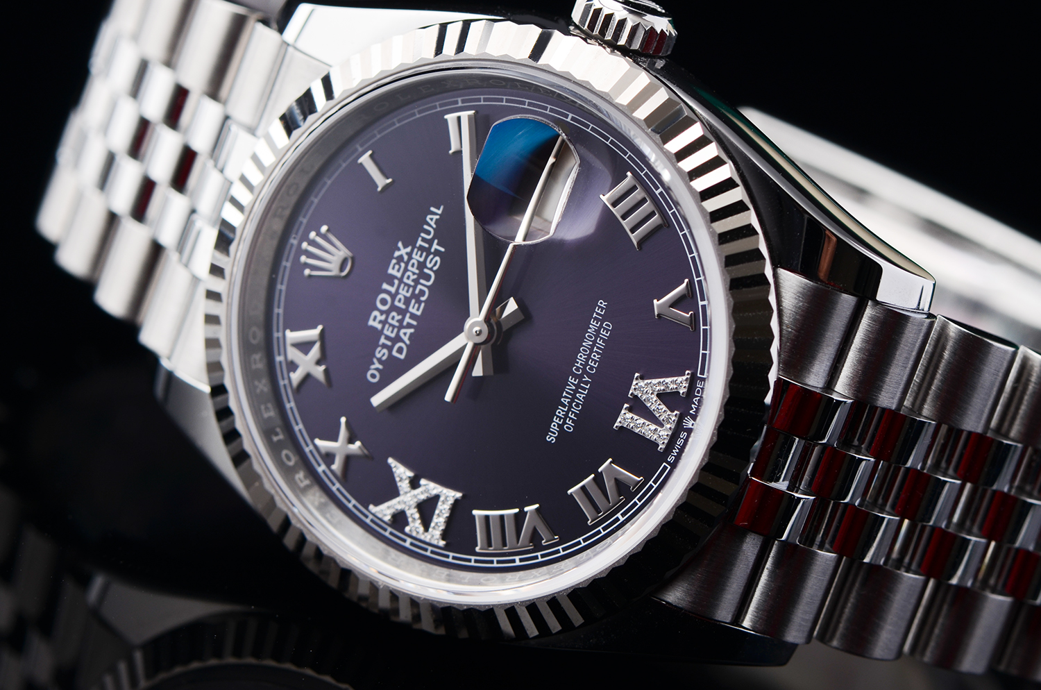 【98新】劳力士日志型白金圈紫罗马69钻面自动钢带男表126234