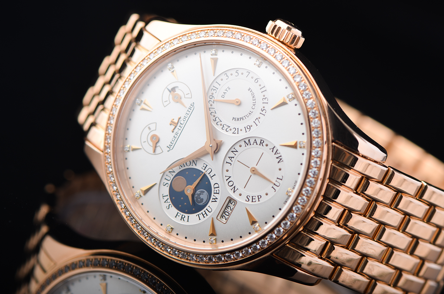 【98新】积家大师整体玫瑰金万年历月相动显8天链男表Q1612103