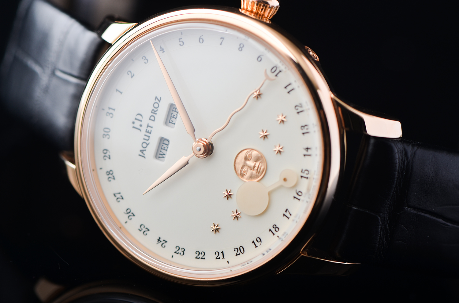 【98新】雅克德罗玫瑰金大明火珐琅盘全历月相自动男表J012613200