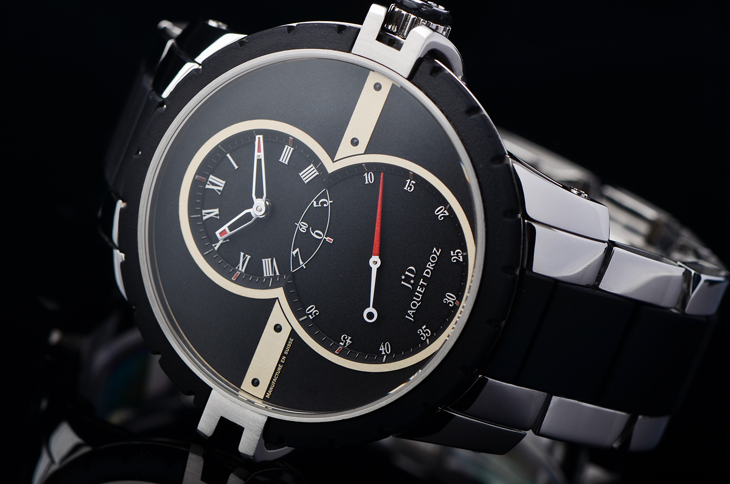 已售出【97新】雅克德罗SW系列黑色8字盘大秒针自动男表J029030140