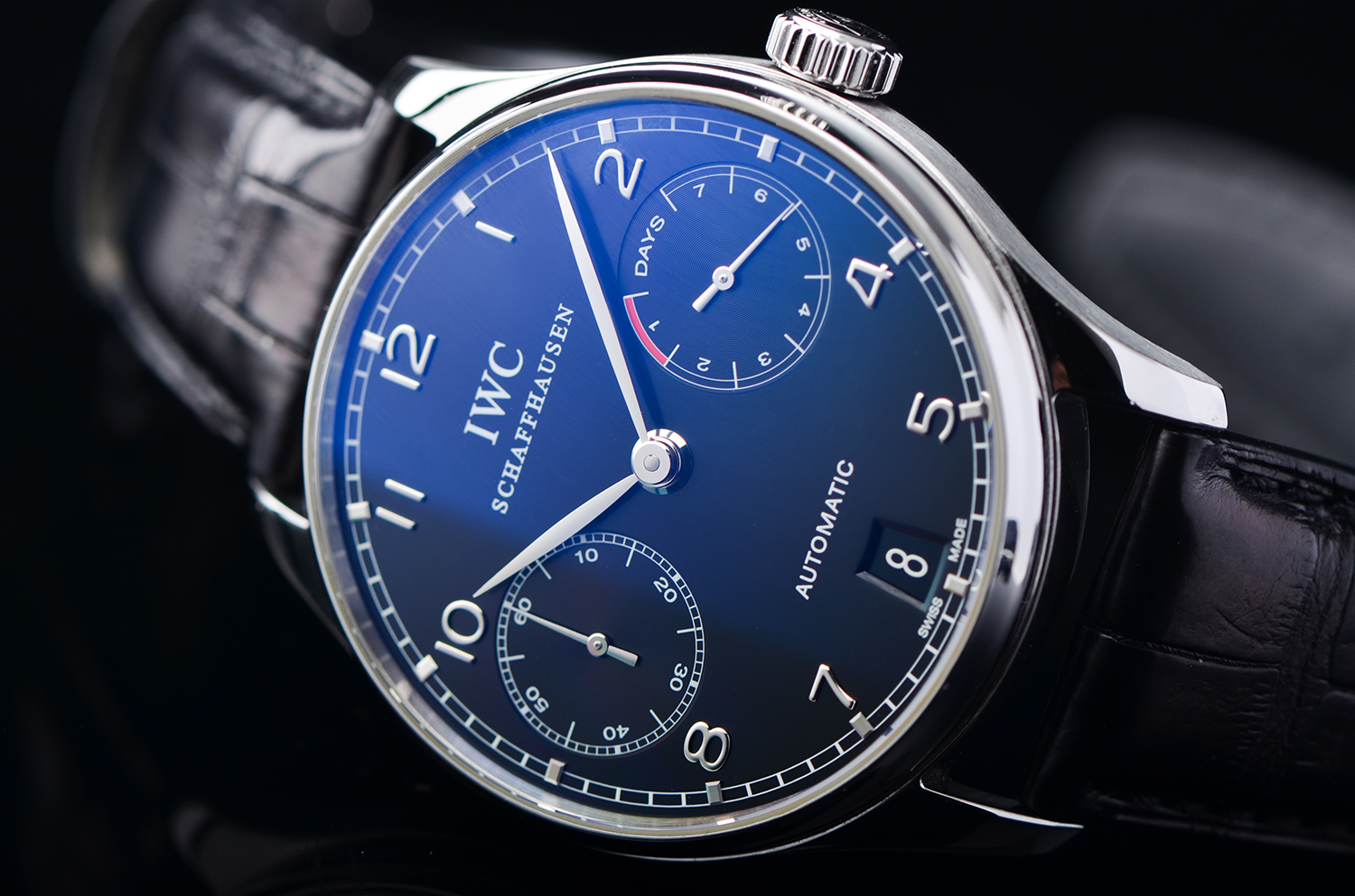 【98新】万国葡萄牙黑盘动显七日链自动折叠扣皮带男表IW500109