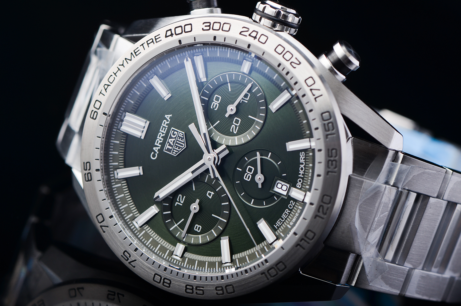 【98新】豪雅卡莱拉绿盘计时日历自动钢带男表CBN2A10.BA0643全套