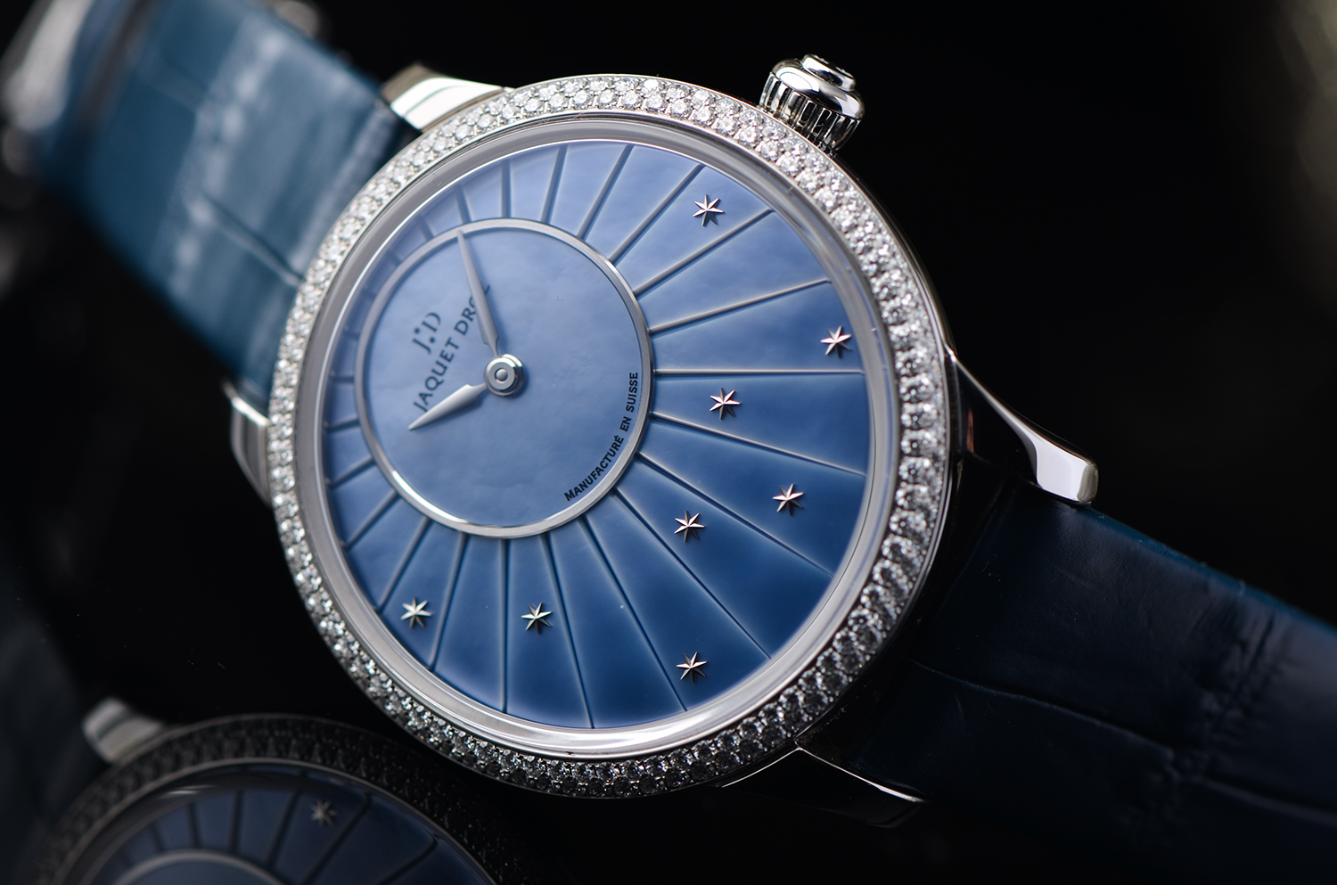 【98新】雅克德罗精钢镶钻蓝色贝母面折叠扣自动女表J005000270