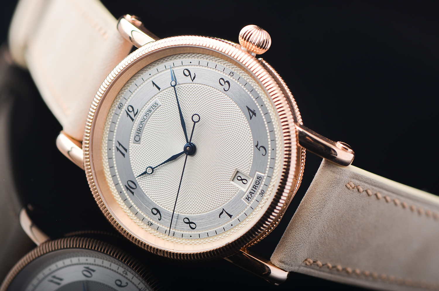 【98新】瑞宝Kairos玫瑰金大三针日历自动皮带男表CH 2821 R