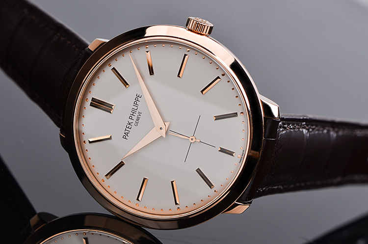 已售出【98新】百达翡丽卡拉卓华玫瑰金小三针手上链皮带男表5123R-001