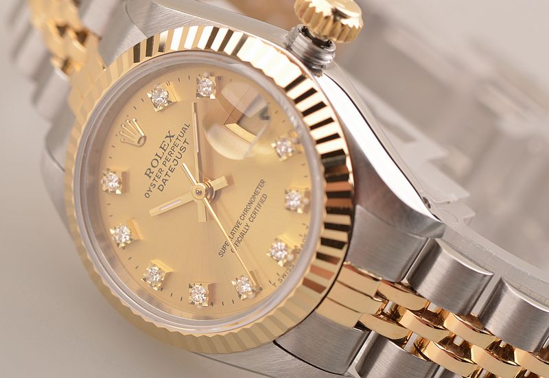已售出【96新】劳力士女装日志型黄金及钢香槟盘钻刻自动机械女表69173G