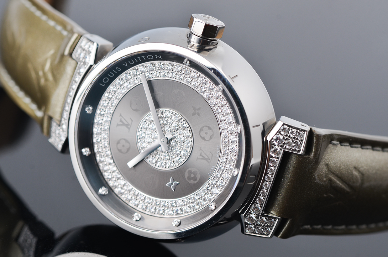 已售出【98新】LV路易威登Tambour Glamour精钢原镶钻石英皮带女表Q111U