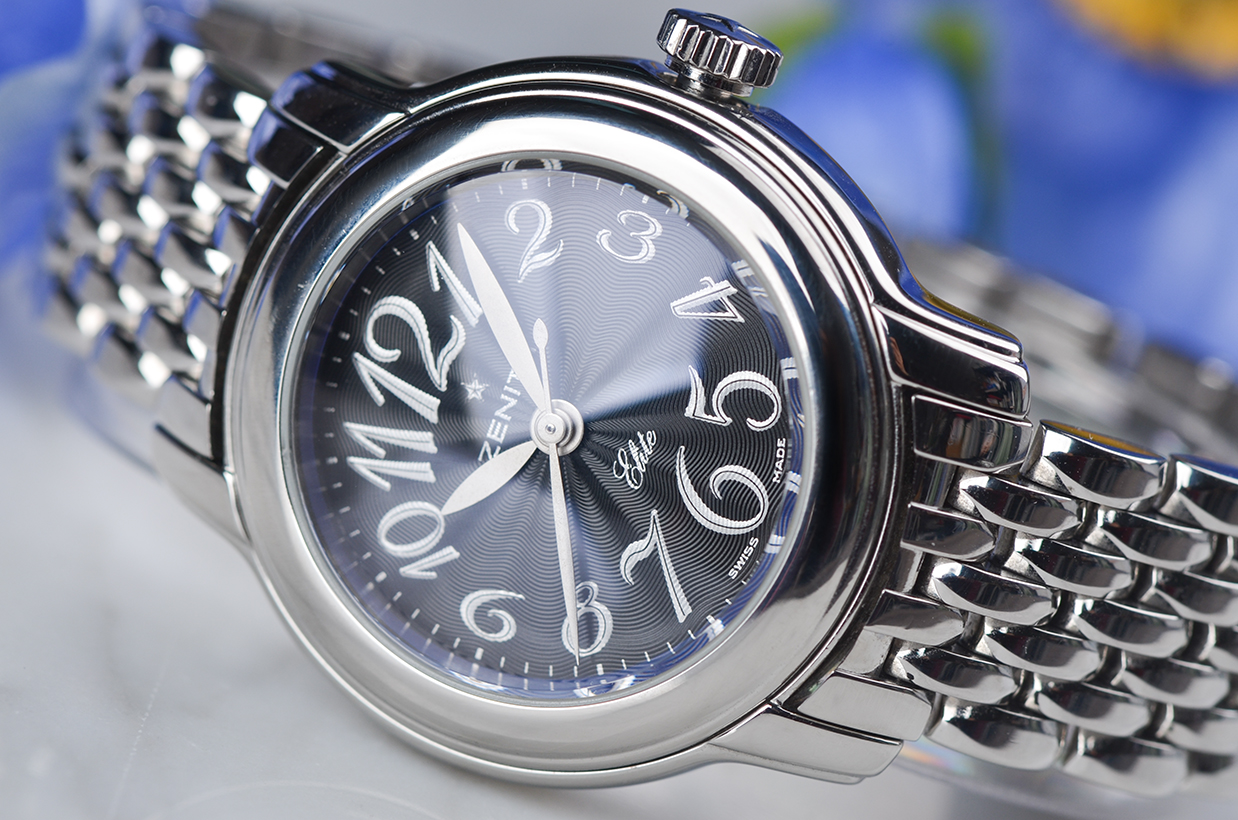 已售出【98新】真力时精钢黑盘大三针自动机械钢带女表03.1220.67