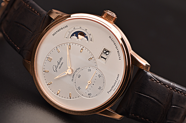 已售出【98新】格拉苏蒂玫瑰金偏心大日历月相自动男表90-02-45-35-04