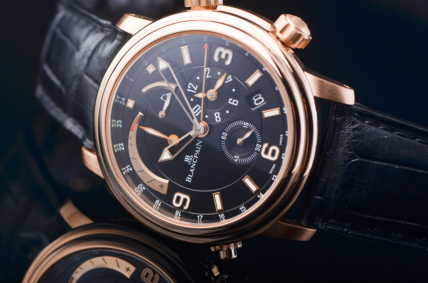 【98新】宝珀莱芒湖玫瑰金动显闹铃两地时日历男表2841-36B30-64B