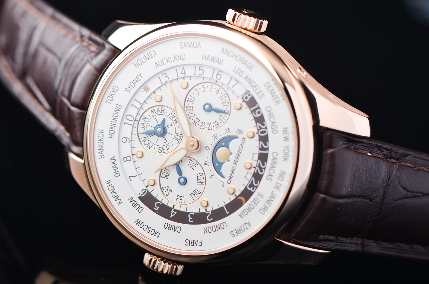【98新】芝柏高级钟表系列玫瑰金万年历月相世界时自动男表90280