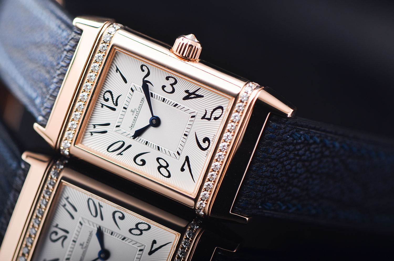 【98新】积家翻转系列玫瑰金镶钻双表盘手上链折叠扣女表Q2562402