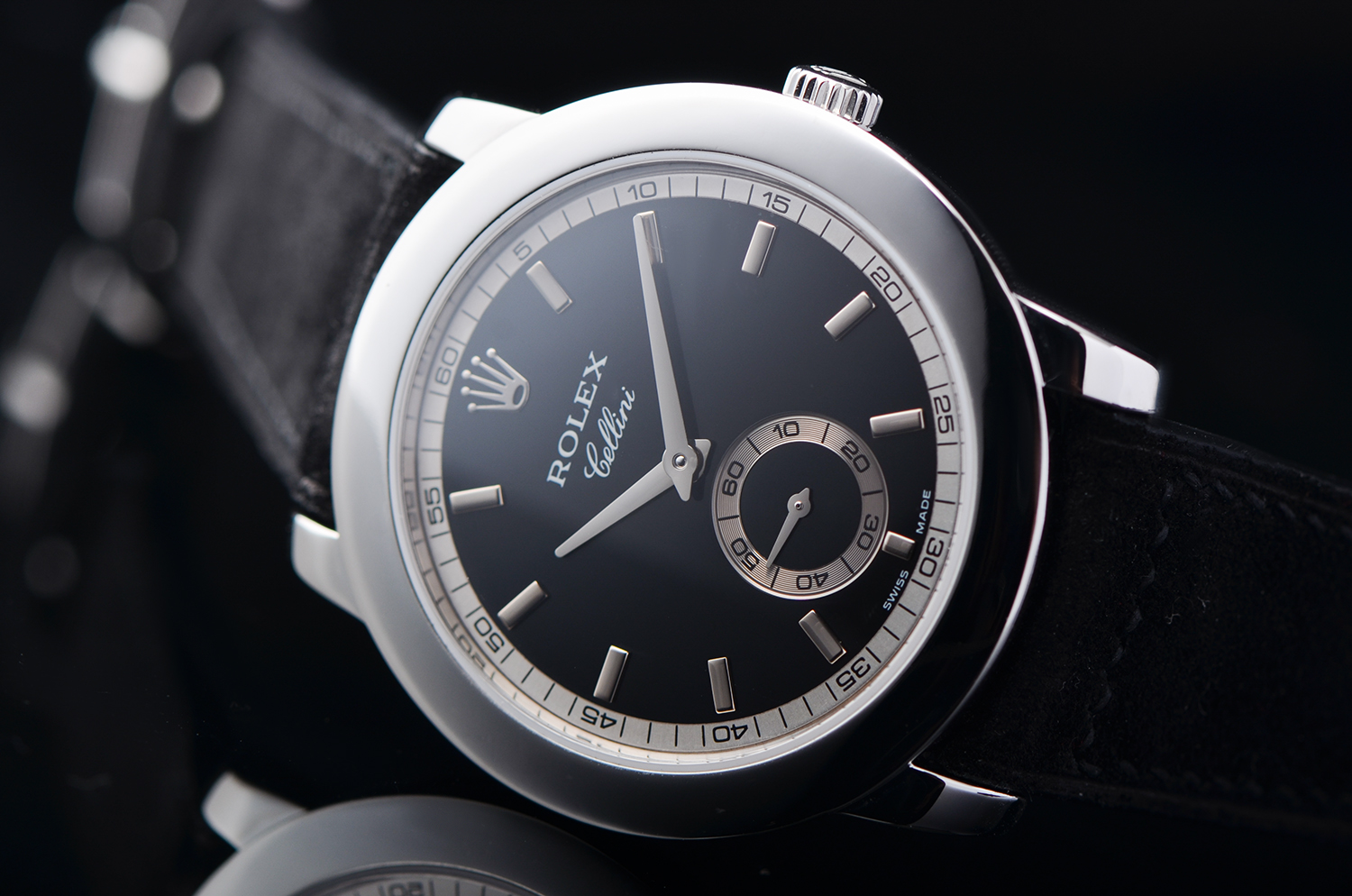 【98新】劳力士切利尼铂金黑盘小三针手上链皮带男表5241/6有盒