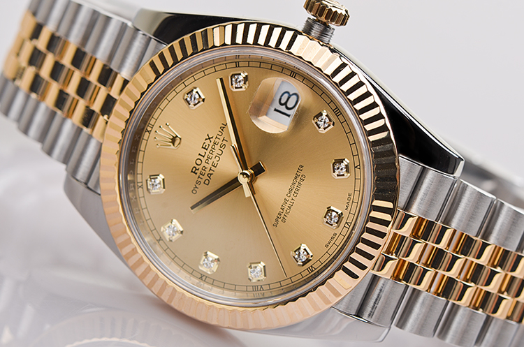 已售出【98新】劳力士新款日志型黄金及钢金色面刻度钻自动男表126333