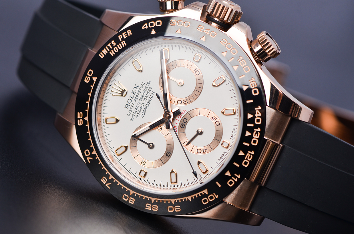 已售出【98新】劳力士迪通拿玫瑰金陶瓷圈白面计时折叠扣男表116515LN