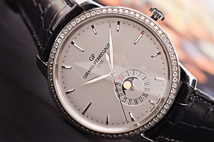 【98新】芝柏1966精钢镶钻日历月相显示自动机械皮带男表49545D