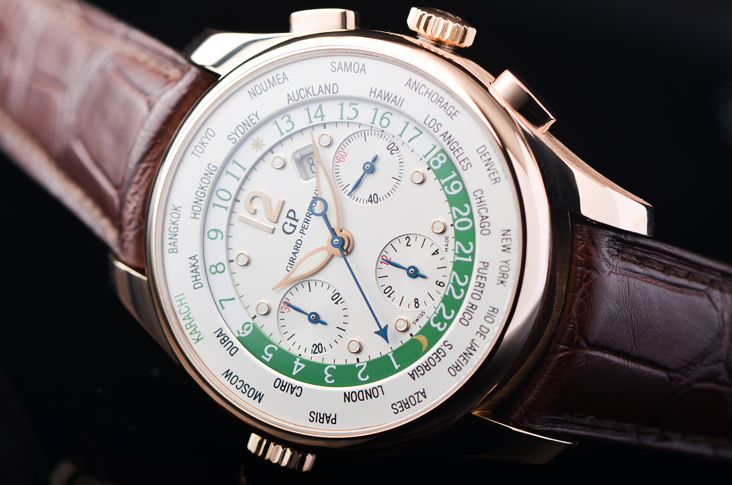 【98新】芝柏卡拉奇限量玫瑰金世界时计时日历自动男表REF.49805