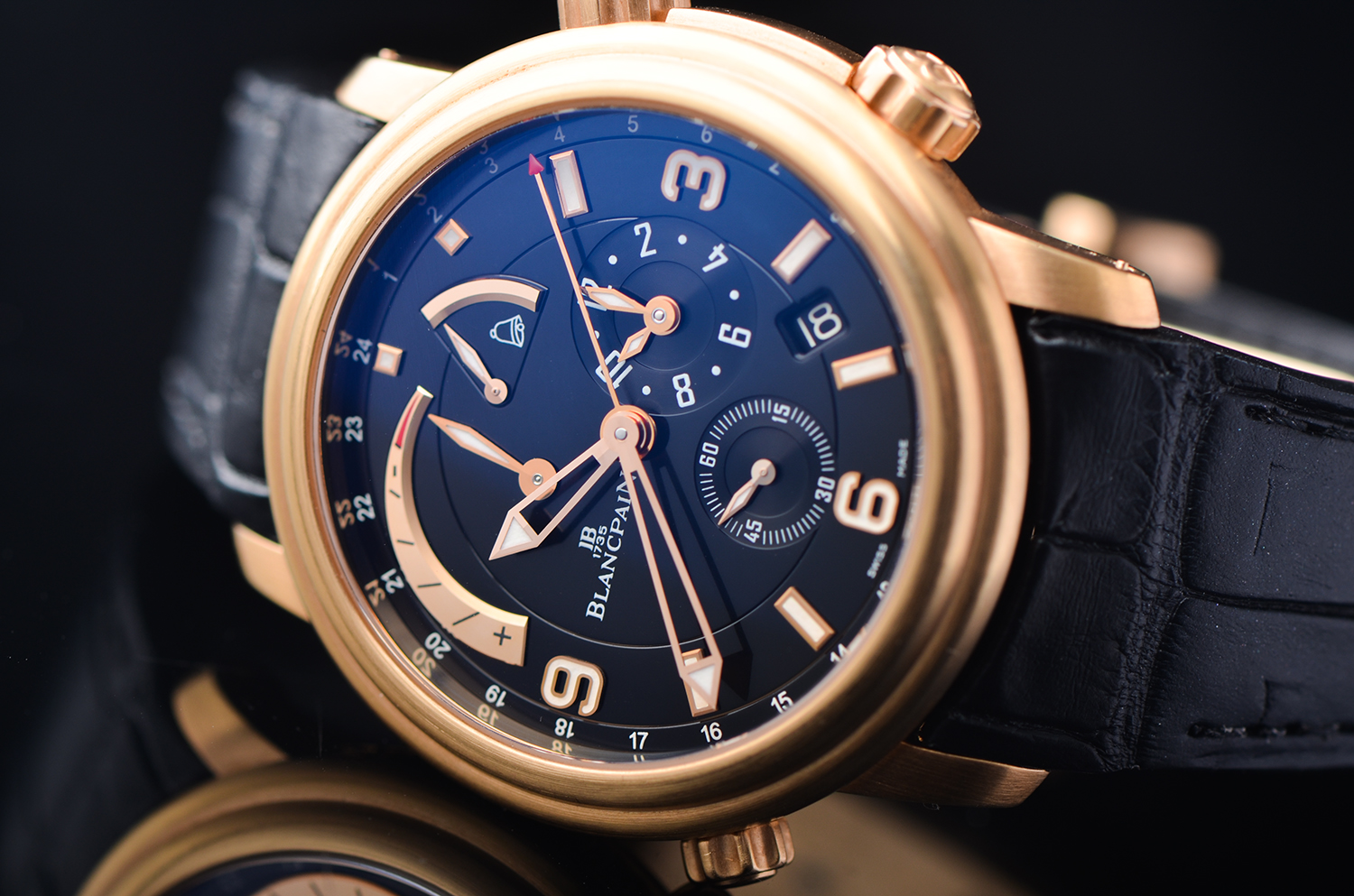 【98新】宝珀莱芒湖玫瑰金动显闹铃两地时日历男表2841-36B30-64B