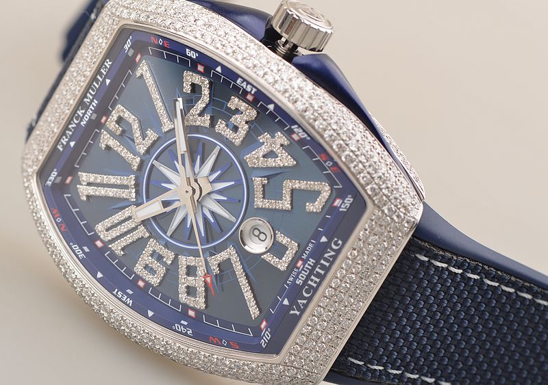 已售出【99新】法兰克穆勒V45精钢镶钻蓝盘游艇大三针日历自动男表