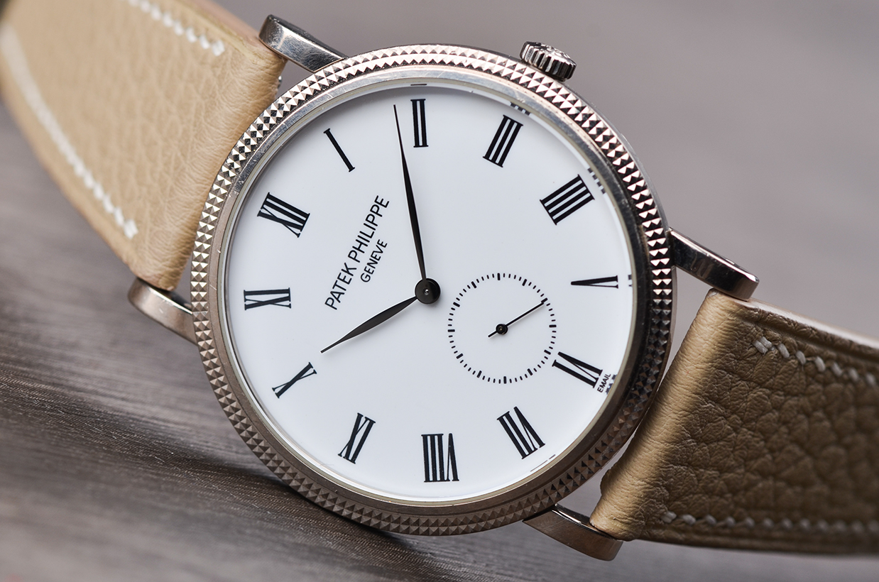 已售出【98新】百达翡丽卡拉卓华白金小三针珐琅盘手上链男表5116G-001