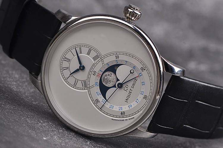 已售出【98新】雅克德罗大秒针8字盘指针日历月相自动男表J007530240