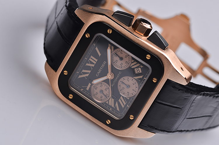 已售出【98新】卡地亚山度士100最大号玫瑰金计时日历自动男表W2020003