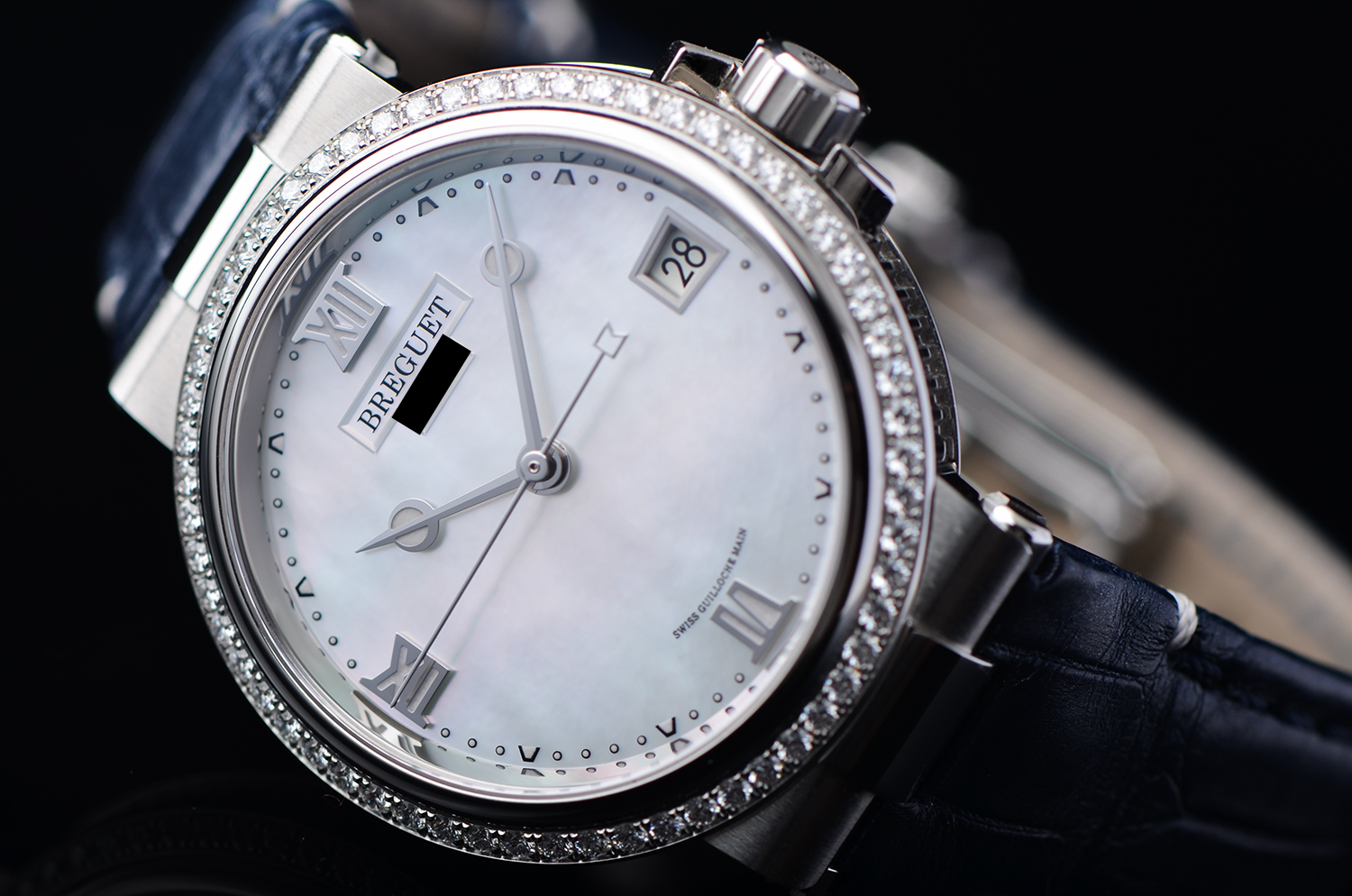 【98新】宝玑航海精钢镶钻贝母面大三针女表9518ST/5W/984/D000