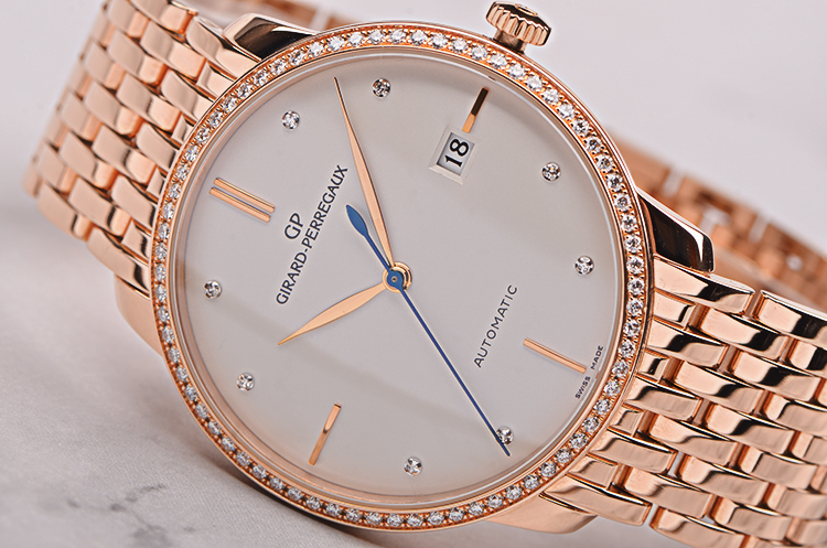已售出【97新】芝柏1966整体玫瑰金镶钻大三针日历自动机械男表49525D