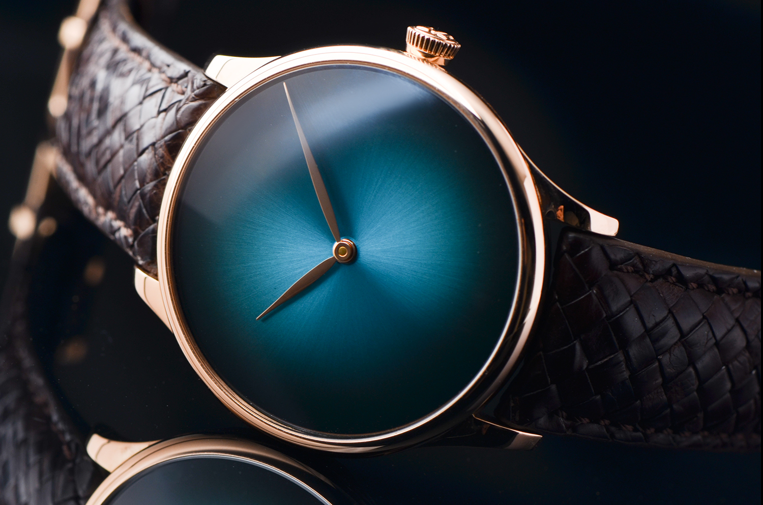 【98新】亨利慕时无字天书限量玫瑰金渐变蓝盘3天链男表2327-0406