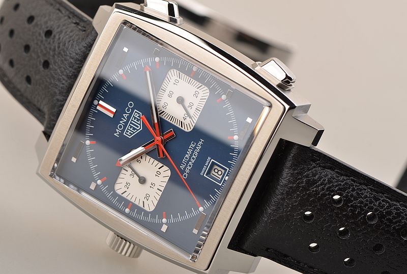 已售出【98新】TAG豪雅摩纳哥方型自动机械计时皮带男表CAW211P.FC6356