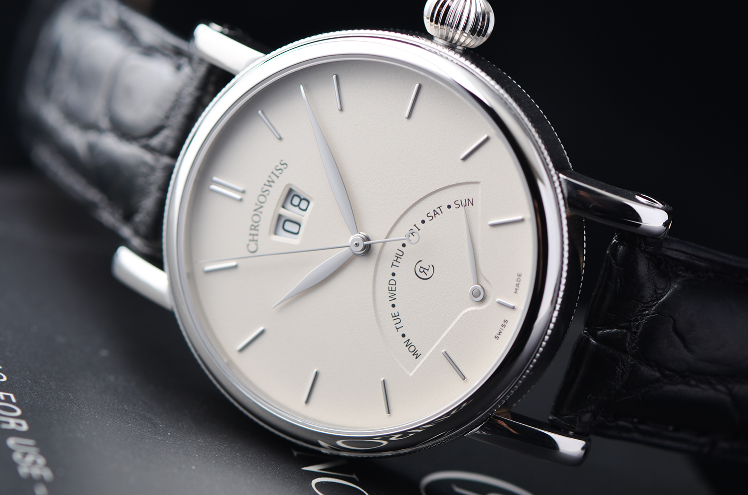 【98新】瑞宝天狼星系列大日历星期逆跳自动皮带男表CH 8123全套