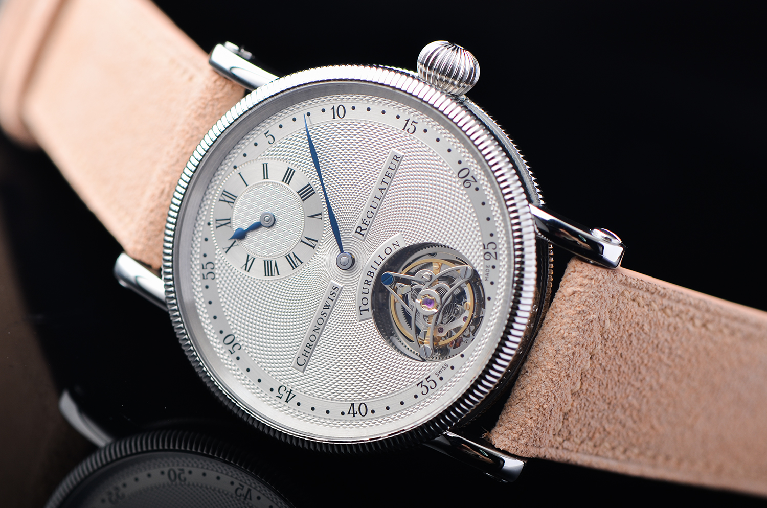 【98新】瑞宝银盘规范指针1分钟飞行陀飞轮三天链皮带男表CH3123