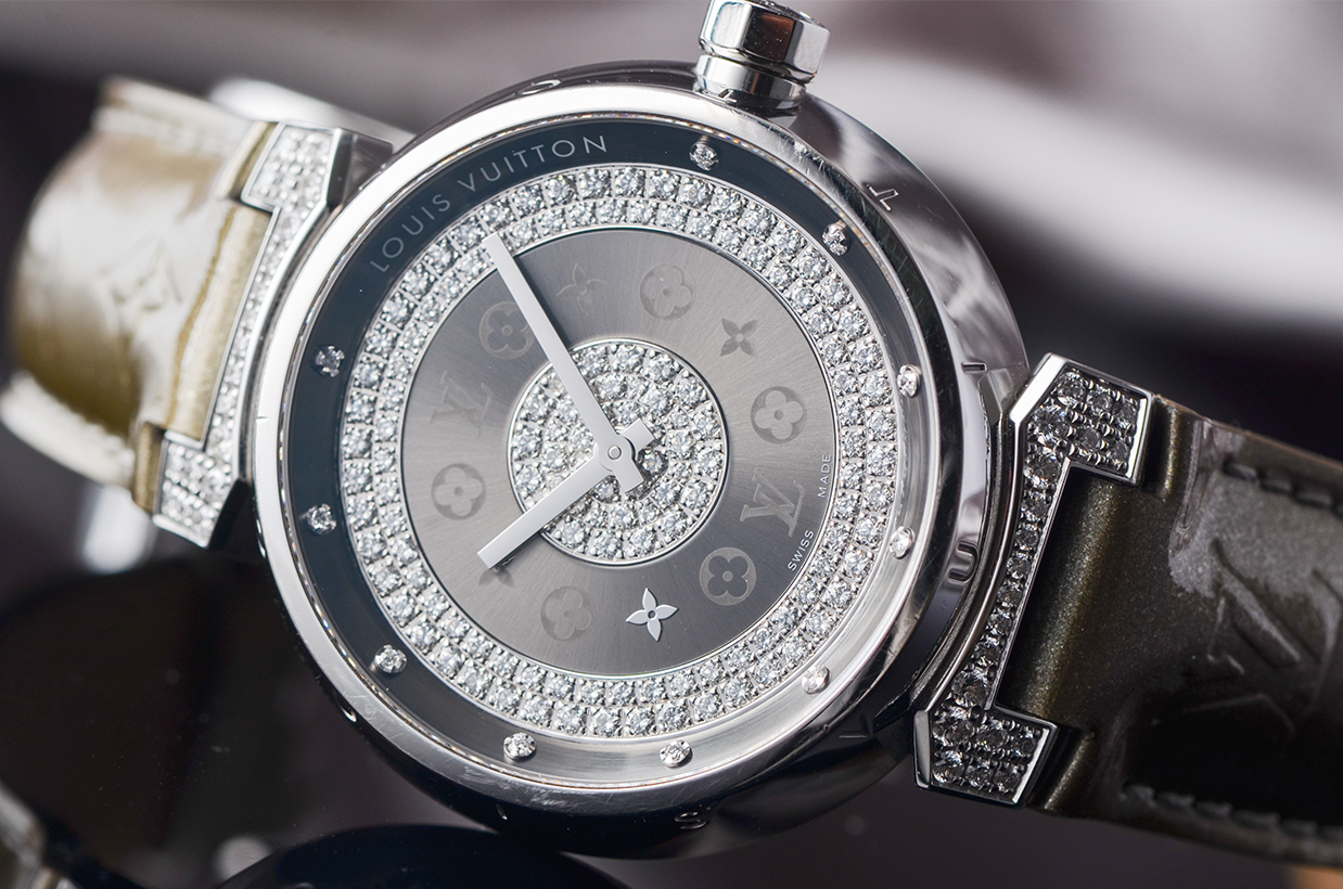 【98新】LV路易威登Tambour Glamour精钢原镶钻石英皮带女表Q111U