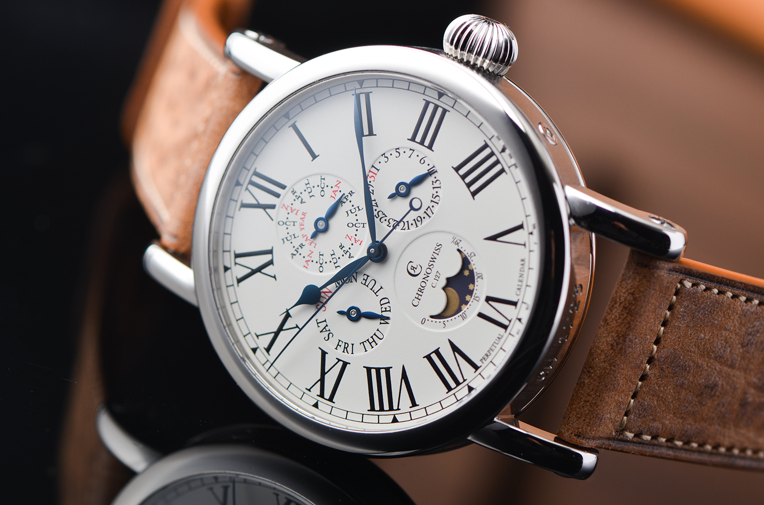 【98新】瑞宝Sirius系列精钢白盘万年历月相自动皮带男表ch 1723