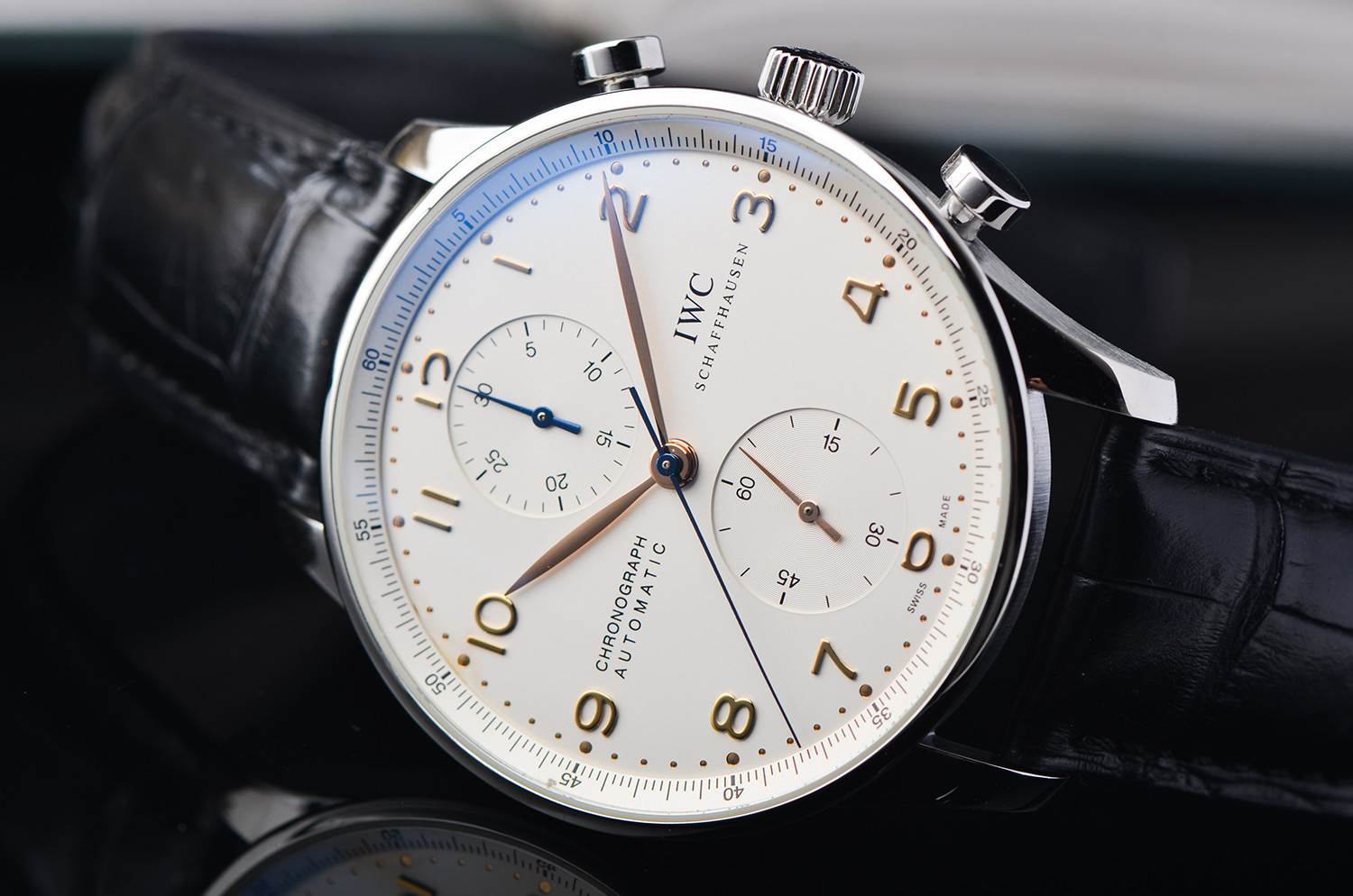 【98新】万国葡萄牙白盘金针计时自动机械折叠扣皮带男表IW371401