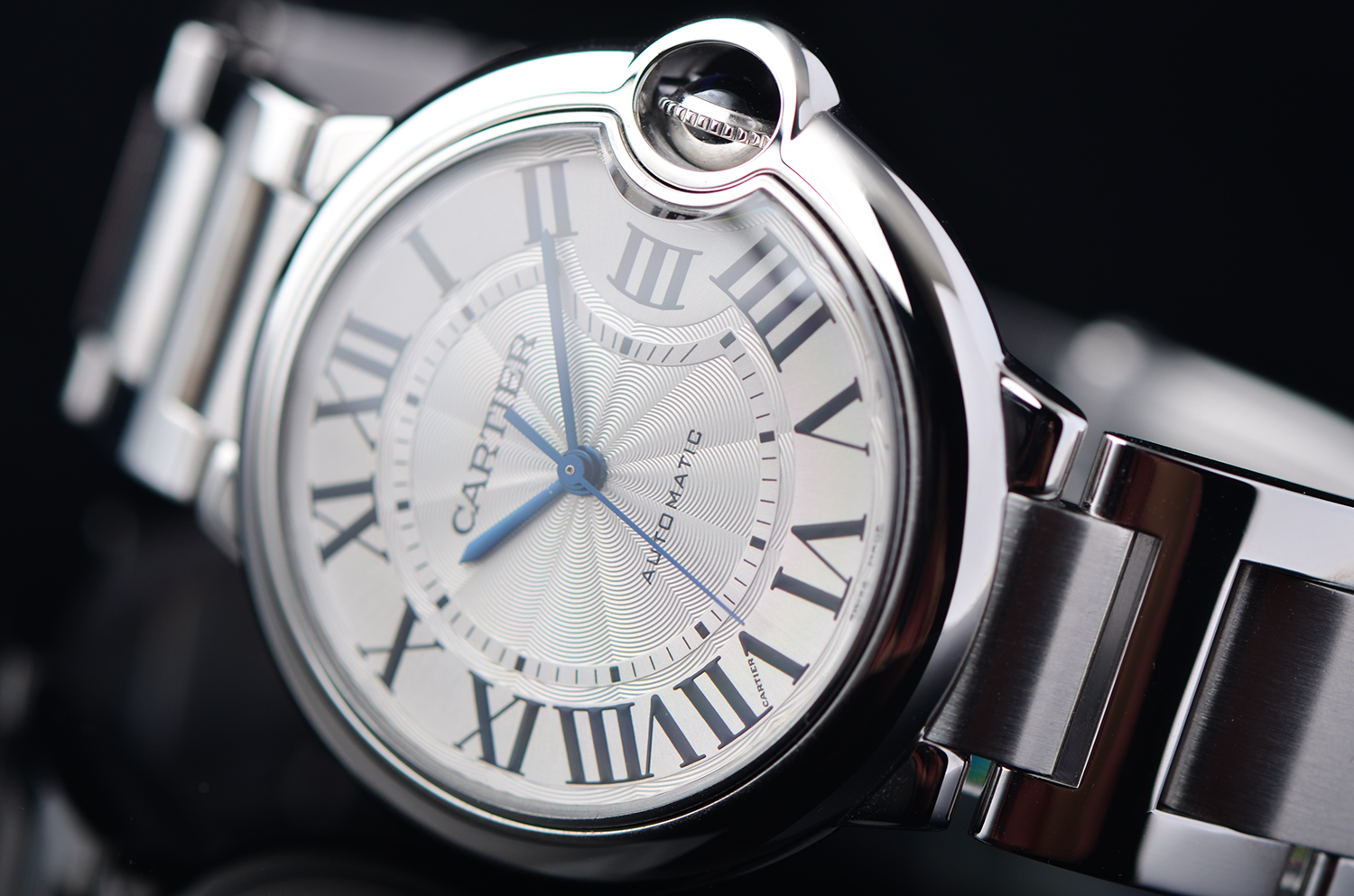 【98新】卡地亚蓝气球中号36MM大三针自动钢带男表W6920046盒证齐