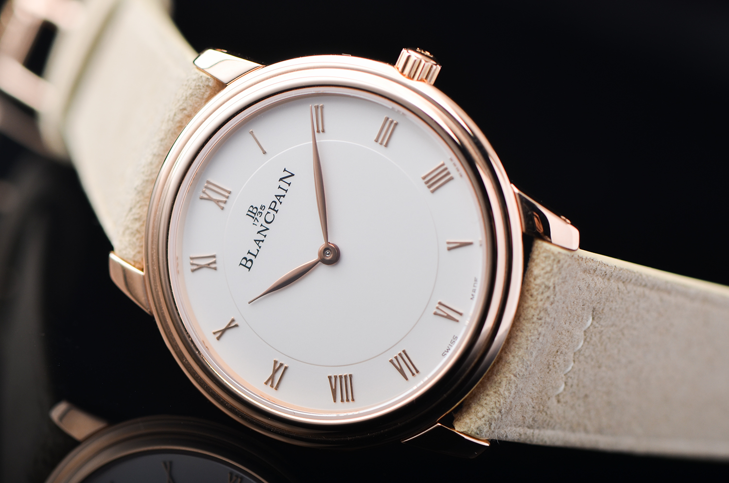 【98新】宝珀经典系列限量玫瑰金超薄手上链皮带男表1158-3642-55