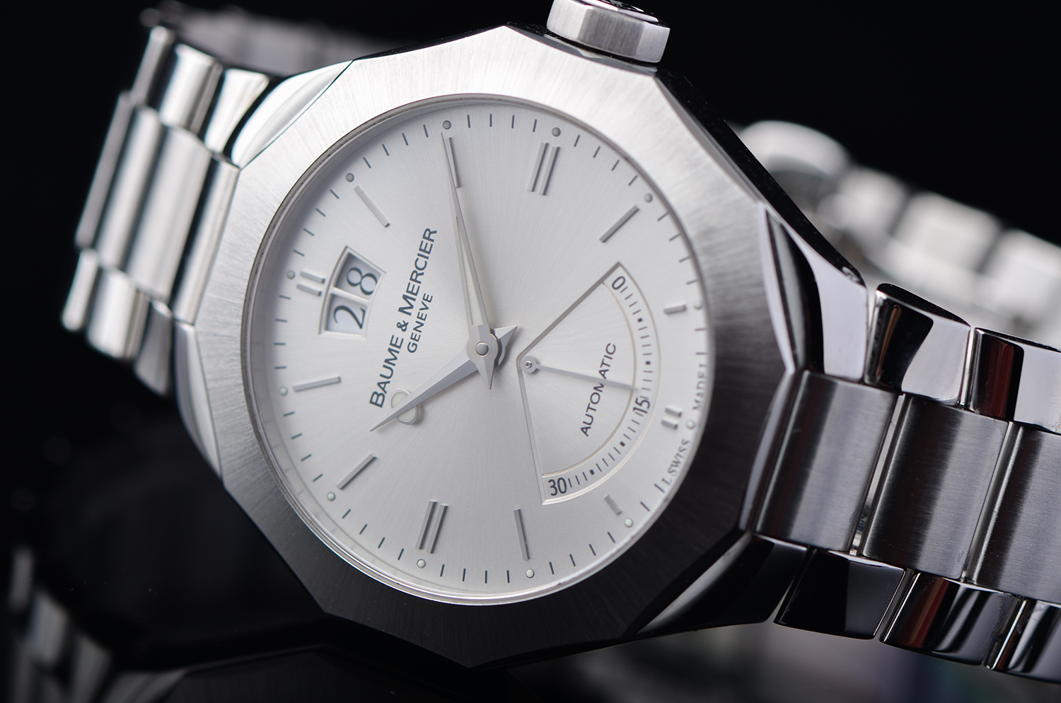 【98新】名士利维拉系列大日历秒针逆跳自动钢带男表M0A08828全套