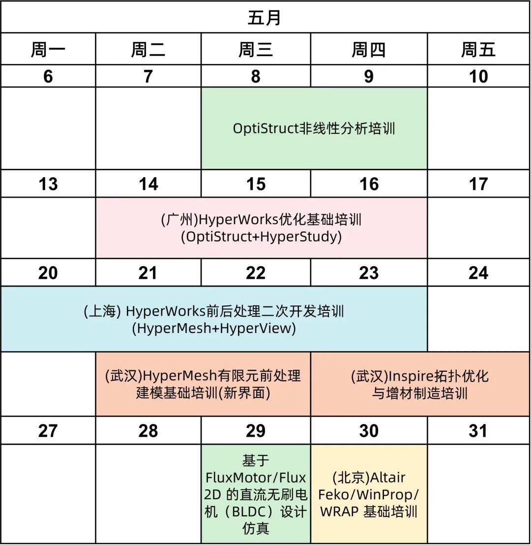 培训计划丨Altair（HyperMesh、Optistruct、Inspire等）五月培训及网络研讨会计划