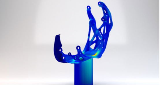 仿真结果显示整个构件的应力分布均匀，高应力区域很少(红色)