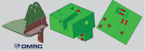 图1（从左到右）：传统支架由两部分组成，使用设计空间（绿色可见）和非设计空间（红色可见）重新设计成一部分。