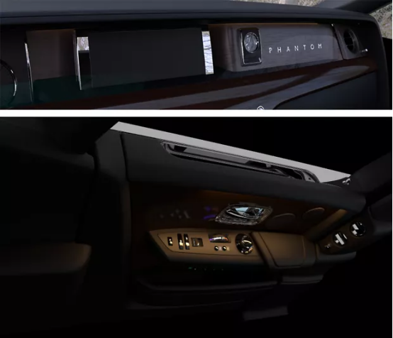 上图：劳斯莱斯幻影仪表板在不同的照明场景和玻璃抗反射涂层下的效果对比 下图：劳斯莱斯车门照明效果及反射仿真