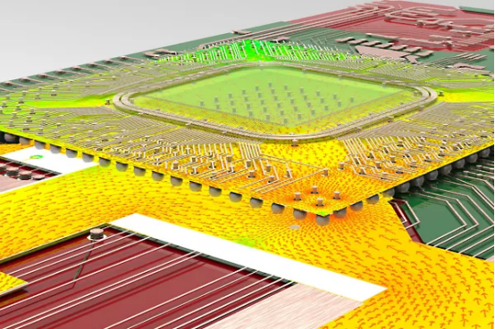 一张来自Ansys SIwave软件图像，显示了芯片封装和PCB装配在一起的的功率损耗。工程师使用这些信息修改几何结构，以减少损耗并确保电源完整性